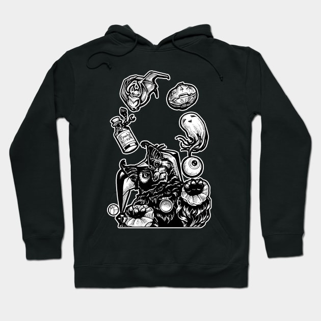 Black Cat Jester Juggling Halloween - White Outline Version Hoodie by Nat Ewert Art